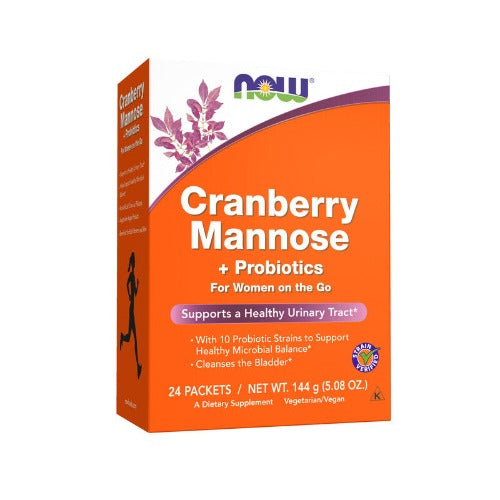 NOW Cranberry Mannose + Probiotics 24pk 144g What is Cranberry Mannose + Probiotics?  NOW® Cranberry Mannose Packets is a women’s probiotic formula with Cranberry and D-Mannose, which are two well-researched ingredients for urinary tract care. Our immune-supporting blend of 10 probiotic bacterial strains assists in the maintenance of a woman’s delicate microbial balance. 