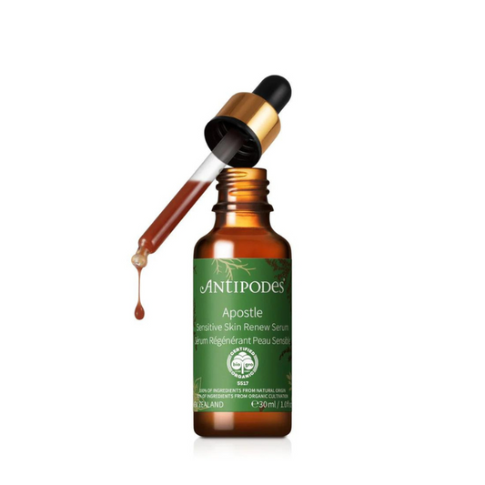 Antipodes Apostle Sensitive Skin Renew Serum 30ml 1st Stop, Marshall's Health Shop!  Skin-soothing Vinanza® Oxifend from pinot noir red grapes combines with Vinanza® Grape & Kiwi antioxidant compound and mamaku black fern to soothe and support delicate complexions. The New Zealand bioactives are cultivated using sustainable farming practices, which produce the purest ingredients for skin vitality.