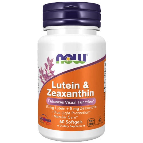 NOW Lutein 25mg & Zeaxanthin 5mg 60 Softgels. What is Lutein?  Lutein and zeaxanthin are free radical scavenging carotenoid pigments often found together in vegetables. In the body, they are deposited in the macula, a specialized area of the eye that is responsible for central vision. Acting as primary filters of high-energy blue light, lutein and zeaxanthin help to promote normal visual health by neutralizing free radicals formed by light exposure.