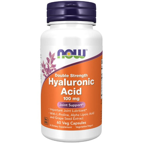 NOW Hyaluronic Acid, Double Strength 100mg 60 Veg Caps. What is Hyaluronic Acid?  Important Joint Lubricant With L-Proline, Alpha Lipoic Acid and Grape Seed Extract. Hyaluronic Acid is a compound present in every tissue of the body, with the highest concentrations occurring in connective tissues such as skin and cartilage.