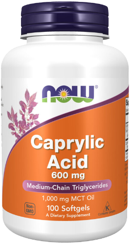 NOW Caprylic Acid 600mg 100 Softgels. What is Caprylic Acid?  NOW® Caprylic Acid is a naturally derived nutrient also known as octanoic acid. Caprylic acid is a medium-chain fatty acid (MCT) that is naturally found in coconut and palm kernel oil.  Caprylic acid may contribute to supporting a healthy digestive bacterial environment.  HEALTH BENEFITS:  Caprylic acid may contribute to supporting a healthy digestive bacterial environment.