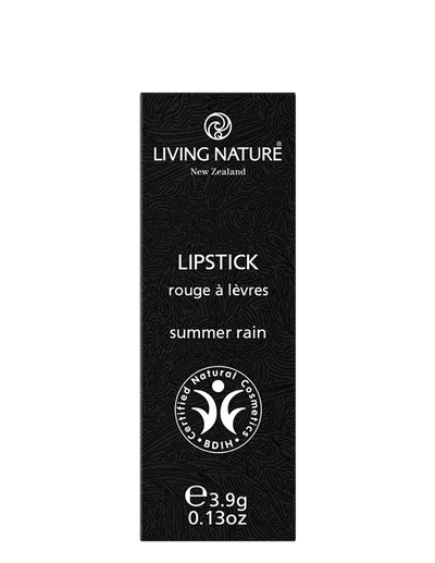 LIVING NATURE LIPSTICK - SUMMER RAIN A rich plum-rose colour with slightly cool undertones, Living Natures certified natural Summer Rain lipstick will make you want to smile all day long. Formulated with the highest quality, all natural ingredients, Summer Rain hydrates and rejuvenates lips while providing long-lasting luscious colour. 