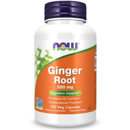 NOW Ginger Root 550mg 100 Veg Caps. What is Ginger Root?  Ginger Root (Zingiber officinale) has been used since antiquity to support digestive function and Ginger's historical applications have been validated by modern research.  Scientific studies have demonstrated that Ginger may help to maintain healthy GI flora, aid the digestion of dietary fats, and calm and soothe the digestive tract.