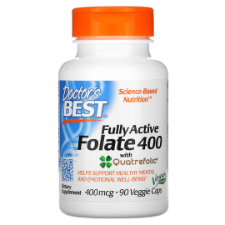 Doctor's Best Fully Active Folate 400 with Quatrefolic®️ contains Quatrefolic®, the glucosamine salt of (6s)-5-methyltetrahydrofolate, the most bioavailable form of folate, that provides greater stability and water solubility.