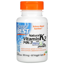Doctor's Best Natural Vitamin K2 MK-7 with MenaQ7 plus Vitamin D3, 180 mcg, 60 Veggie Caps Stay young at heart. Specially formulated with MenaQ7®, the superior form of vitamin K, this daily supplement helps support your vessel walls and arteries. This thoughtful dosage of MenaQ7®, when paired with vitamin D3, helps inhibit soft tissue calcification and promotes arterial flexibility.