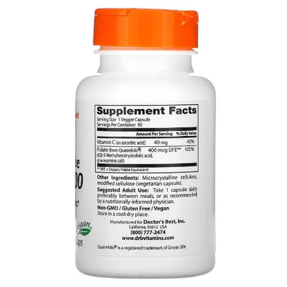 Doctor's Best Fully Active Folate 400 with Quatrefolic®️ contains Quatrefolic®, the glucosamine salt of (6s)-5-methyltetrahydrofolate, the most bioavailable form of folate, that provides greater stability and water solubility.