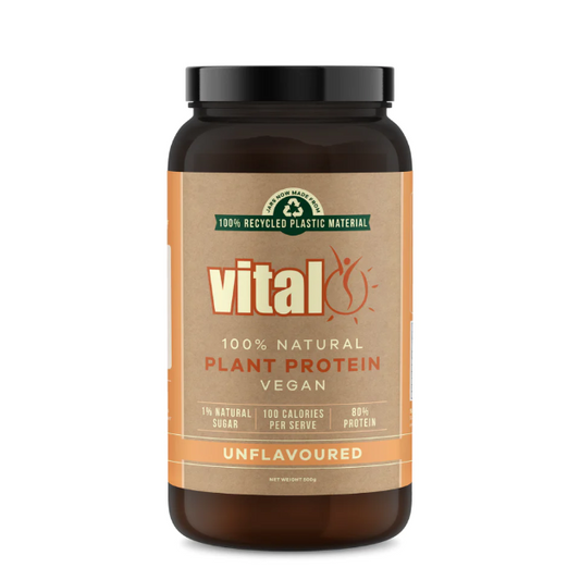 Vital Plant Protein Unflavoured 1st Stop, Marshall's Health Shop!  If you’re looking for a protein supplement to help your body function at its best, you can rely on Vital Protein Powder. It contains over 18 amino acids, matching the profile of whey proteins which is unique for a vegetable protein. The protein is extracted from the highest quality European golden peas. This complete protein digests easily without causing bloating.