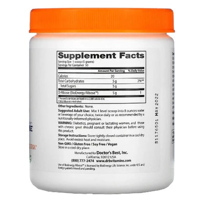 Doctor's Best D-Ribose is a unique 5-carbon carbohydrate that is a fundamental building block of ATP (adenosine triphosphate), the source for all cellular energy. Ribose is the starting point and rate limiting compound in the synthesis of these fundamental cellular compounds and the availability of ribose determines the rate at which they can be made by our cells and tissues.