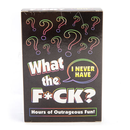 The image displays the packaging of the "WTF? I Never Have Card Game." The box is black with colorful accents in multicolored shapes and text, featuring a variety of questions in a comic book style graphic design.