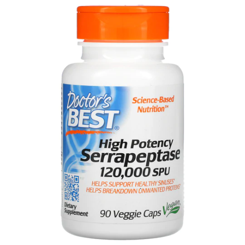 Doctor's Best High Potency Serrapeptase, 120,000 SPU, 90 Veg Caps - Twin pack  Serrapeptase is a protein-digesting enzyme isolated from the friendly bacterium Serratia E-15 discovered in the Japanese silkworm, and has been used as a nutritional supplement in Europe and Asia for over three decades. It is formulated with Serrateric™, a superior alternative to enteric coating that protects the individual enzyme until it reaches the intestine for optimal absorption.
