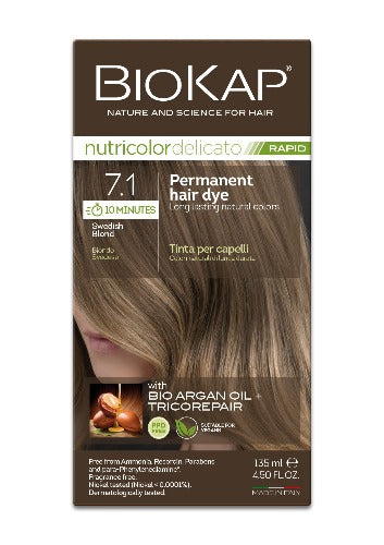 BioKap Delicato Rapid Natural Permanent Hair Colour 7.1 Swedish Blond 135ml Formulated with no Para-Phenylenediamines. Biokap nutricolor delicato RAPID permanent hair dye, with vegetable ingredients and high skin tolerability, nourishes and repairs hair while dyeing it with optimal coverage of white hair with no drip. The RAPID formulation ensures maximum coverage in just 10 minutes due to its high concentration of pigment.