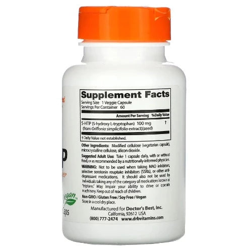 Doctor's Best 5-HTP (5-hydroxy L-tryptophan contains a naturally occurring metabolite of the amino acid tryptophan. 5-HTP is extracted from the seeds of the Griffonia simplicifolia plant. 5-HTP is converted in the brain to serotonin, a neuro-transmitter substance found at the junction (synapses) between neurons.