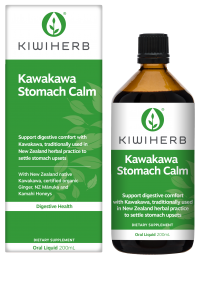 KIWIHERB Kawakawa Stomach Calm 100ml Pleasant tasting formula of Ginger, New Zealand native Kawakawa leaf and Peppermint provides soothing and warming effects.  This unique combination of ingredients acts to ease bloating, support abdominal comfort, aid digestion, support circulation and joint mobility.  Can be taken diluted in a small amount of water, made into a refreshing cool beverage, or mixed with hot water to provide a soothing after-meal digestive.
