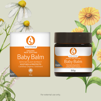 KIWIHERB Organic Baby Balm 50g Kiwiherb Organic Baby Balm has been expertly formulated with natural herbs and oils to gently soothe and protect delicate skin.  Made from organic Calendula and Chamomile with New Zealand native herb Koromiko in a natural base of New Zealand olive oil, coconut oil and organic beeswax.