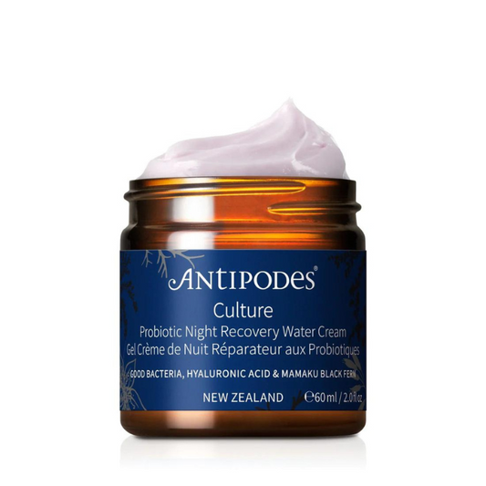 Antipodes Culture Probiotic Night Recovery Water Cream 60ml 1st Stop, Marshall's Health Shop!  Kalibiome AGE Probiotic, a high-performing innovative compound, helps to strengthen the skin barrier and contribute to increased skin elasticity and hydration, while simultaneously reducing roughness and redness. Deliver a lifeline to tired and stressed skin by helping to boost water levels, thanks to hyaluronic acid and native New Zealand mamaku black fern.
