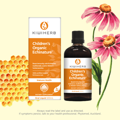 KIWIHERB Children's Organic Echinature® 100ml Kiwiherb Children’s Organic Echinature is specially formulated for children 0-12 years to support healthy immune function and recovery. This certified organic formulation features premium NZ-grown Echinacea root with a delicious, natural orange flavour. It is ideal for infants and children with poor immune resistance, and frequent ailments or slow recovery.