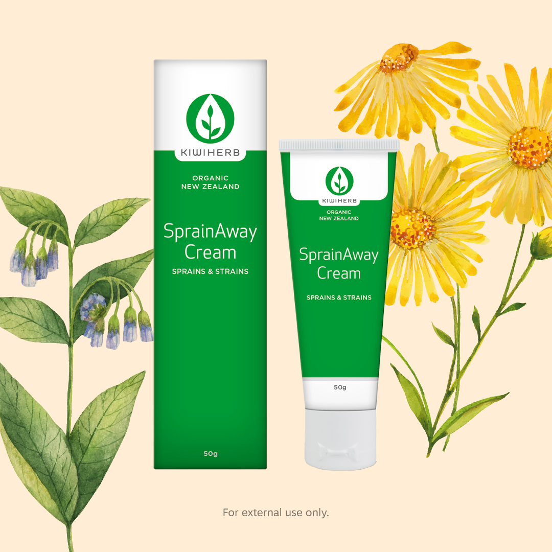 KIWIHERB SprainAway Cream A premium potency combination of NZ-grown Arnica and Comfrey. There is a wealth of evidence supporting the calming and healing action of these two herbs, and in combination, they provide proven natural support for strained muscles, sprains, stiff joints, bruises, and sports injuries. Comfrey has traditionally been used for bone and connective tissue injuries and was commonly known as Knitbone or Bruisewort.