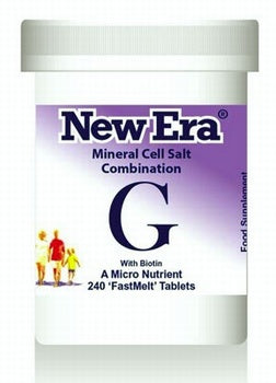 NEW ERA Tissue Salts Combination G 240 Tablets Combination Tissue Salt G: Backache, lumbago.  Homeopathic Tissue salts are sometimes referred to as ‘Biochemic Salts’ or ‘Cell Salts’. Rather than treating “like with like, “as is the case with orthodox homeopathic medicine, tissue salt remedies treat ailments by correcting imbalances or deficiencies in the body’s cell nutrition.  Tissue Salts still maintain physical quantities of the original substances, although in minute form (6x).