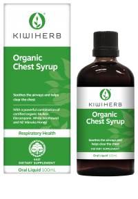 KIWIHERB Organic Chest Syrup 200ml Kiwiherb Organic Chest syrup is a great tasting syrup suitable for the whole family. Containing herbs traditionally used to support the health of the respiratory tract & relieve coughs - Marshmallow root, Mullein, White Horehound and Elecampane - and naturally sweetened with Manuka Honey.