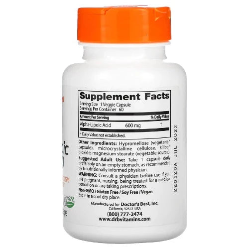 Doctor's Best Alpha-Lipoic Acid, 600 mg, 60 Veggie Caps Alpha-lipoic acid (ALA) plays an important role in the metabolism of glucose that produces cellular energy in the body. ALA is naturally occurring and functions as an antioxidant throughout the body that helps regenerate other antioxidants such as vitamin C, vitamin E, and glutathione.