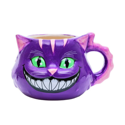A 3D mug with a cartoonish cat face design, predominantly purple in color with green eyes and a smile on the mouth area.