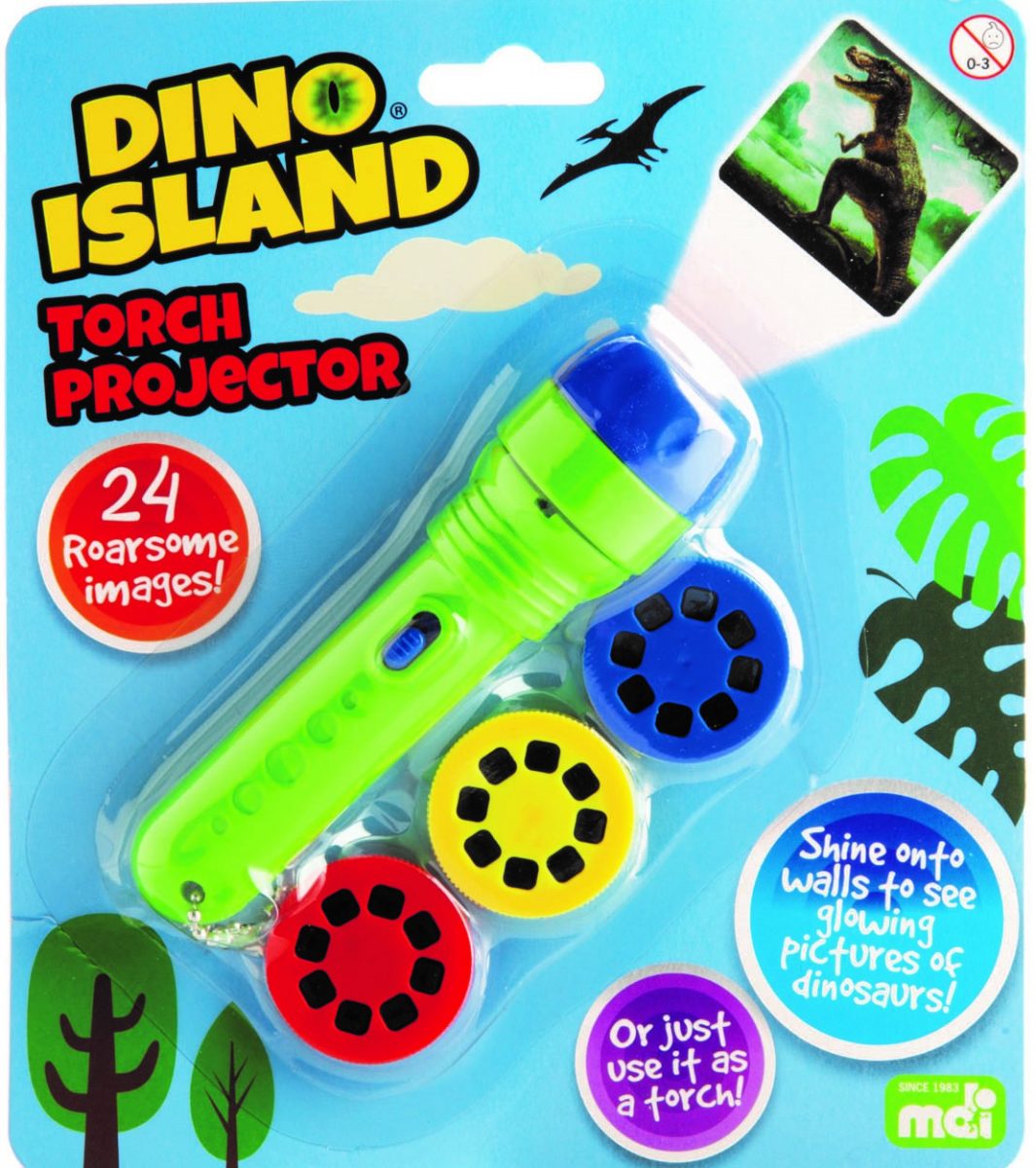 Torch Projector Dino Green and blue projector torch that you can use as a projector, or a torch! Slot in a picture reel to shine pictures of cats and kittens onto the walls. Comes with 3 pictures reels with 8 pictures each – 24 adorable images in total 12x2x2cm SKU: AC-TP/D