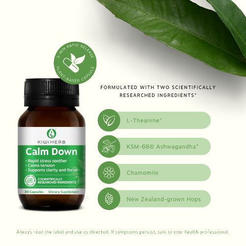 KIWIHERB Calm Down 30 Caps Kiwiherb Calm Down contains a full dose of TWO scientifically researched ingredients (KSM-66® Ashwagandha (also known as Withania) and L-Theanine) at clinically studied doses. Lessens feelings of stress and worry, enabling you to find your innermost calm. Swiftly soothes and calms with a rapid release plant capsule in 5 minutes.