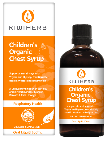KIWIHERB Children’s Organic Chest Syrup 100ml Helps clear airways in the chest by loosening mucus for removal from the respiratory tract. Soothes the airways and supports a healthy respiratory system.  Specialist formulation combining traditional respiratory herbs including Mullein, Thyme, Hyssop and Marshmallow in a base of delicious Manuka honey.