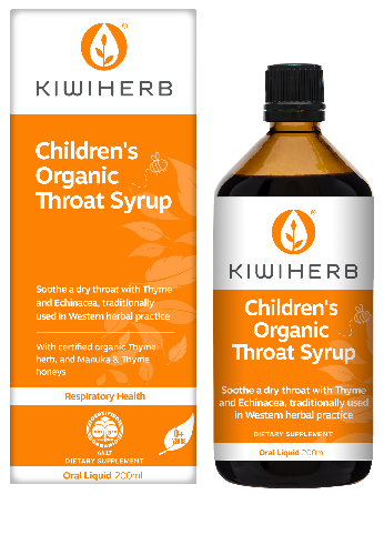 KIWIHERB Children's Organic Throat Syrup 200ml Kiwiherb Children’s Organic Throat Syrup contains certified organic Echinacea and Thyme, and has been formulated for children 0 - 12 years of age. This formula may assist in the management of upper respiratory tract infections, and reduce the severity and duration of colds. Naturally sweetened with Thyme and Manuka Honey. 
