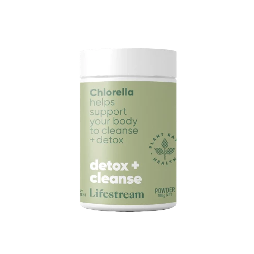Lifestream Chlorella 100g Powder   Detox support from the super green algae. Lifestream Chlorella provides your body with high levels of chlorophyll + other plant sourced nutrients including vitamins, minerals and antioxidants. Its unique ‘cracked cell’ walls aids increased absorption + bioavailability. Chlorella supports your body with healthy cleansing + detoxification of chemicals, pollutants, toxins + some heavy metals.
