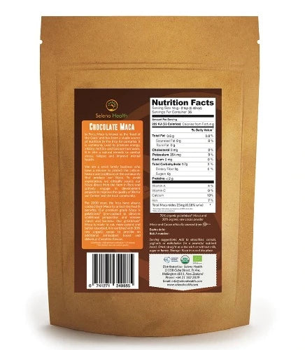 Organic Activated Chocolate Maca Powder 500g  Once harvested our maca is naturally dried for 3 months at altitude, then activated (pressure heated) to remove the starch and bacteria before being combined with 30% organic Peruvian cacao from the jungles of northern Peru to create an even more potent antioxidant superfood with a rich chocolate flavour.