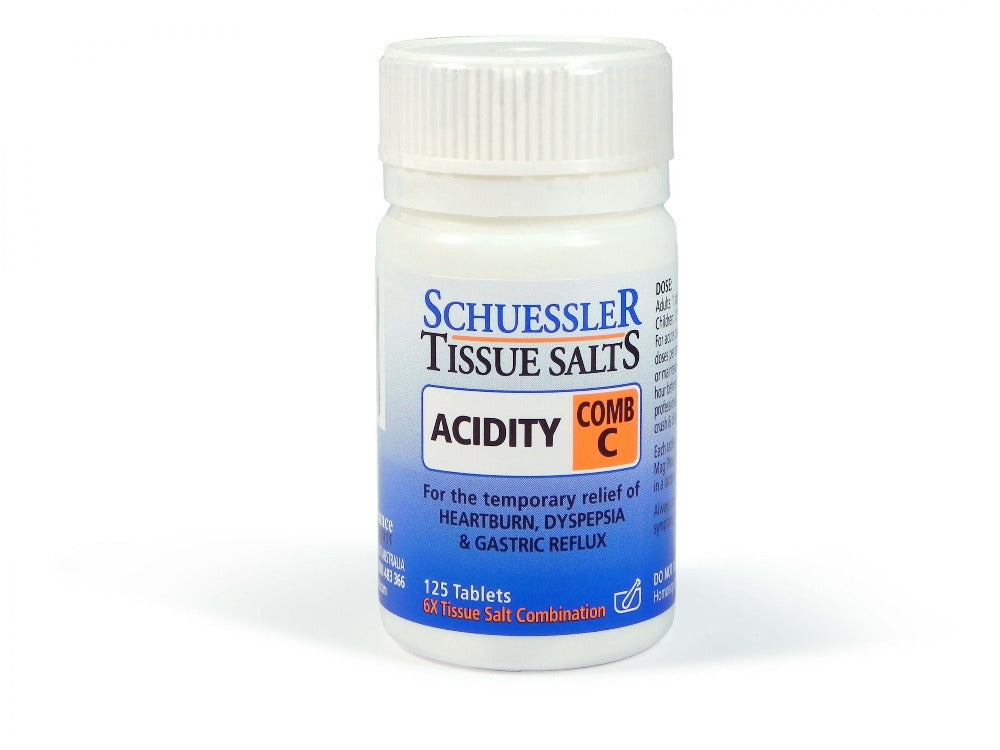 Dr Schuessler Tissue Salts Comb C 6X 125 Tablets Comb C | ACIDITY  Sufferers from indigestion or dyspepsia will know all about the consequent uncomfortable symptoms. It can be acidity caused by over production of stomach acid, or heartburn caused by reflux of stomach acid. Combination C is designed to help with these symptoms either individually or combined.