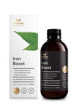 Harker Herbals Be Well Iron Boost 200ml This non-constipating iron bisgylcinate is a delicious and effective way to get your RDI of iron, boost depleted iron levels and support healthy energy levels.  Gentle on the stomach and easily absorbed, we've included iron-rich herbs, fruit and vegetable juices selected for their Vitamin C and nutritive value to aid absorption and encourage healthy blood cells. Possibly New Zealand's most delicious liquid iron supplement!