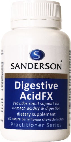 SANDERSON Digestive Acid FX 60 Chewable Tablets A pleasant tasting chewable mixed berry flavoured tablet that combines the digestive power of enzymes with acid-neutralizing calcium carbonate. This patented formulation provides broad spectrum digestive support especially for those who experience occasional digestive discomfort.