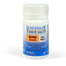 Dr Schuessler Tissue Salts 125 Tablets – Calc Phos 6X Calcium Sulphate | BONE HEALTH  Calc Phos is the most abundant tissue salt in the body. It is found in the bones, teeth, and connective tissue, blood corpuscles and gastric juices. Calc Phos unites with albumin giving solidity to the bones and building the teeth. Bone is 57% Calcium Phosphate. It is the main constituent of all cells of the body fluids and restores tone to weakened tissues and organs. 