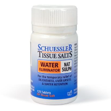 Dr Schuessler Tissue Salts Nat Sulph 6X 125 Tablets Sodium Sulphate: WATER ELIMINATOR  Blood vessel walls and cell coats.  Nat Sulph is called the water eliminating tissue salt. It is thus the main remedy for water retention. It is also strongly associated with the liver and gall bladder.