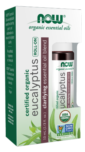 Eucalyptus Essential Oil Blend, Organic 10ml Roll-On NOW® Essential Oils are analytically tested for identity, purity, and adulteration to assure the highest quality.  No synthetic fragrances or chemicals.  NOW® Essential Oil products are not tested on animals.  Certified Organic by QAI.  HEALTH BENEFITS:  Clarifying & Revitalizing