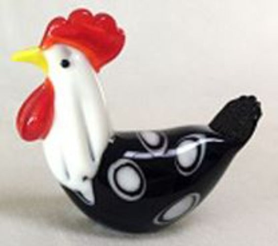 Kaku Glass Rooster Sitting Black & White (H) 50mm  SKU:GMIN-214A