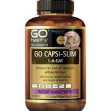 GO CAPSI-SLIM 1-A-DAY is a weight management formula containing the clinically researched ingredient Capsimax® plus Garcinia and Green Tea. Capsimax® employs OmniBead™ beadlet technology to encapsulate the beneficial heat of concentrated natural capsicum in a controlled-release coating, delivering effective levels of capsaicinoids without the oral and gastric burning sensation of unprotected red hot peppers. 