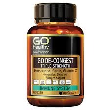 GO DE-CONGEST TRIPLE STRENGTH is a high potency Horseradish, Garlic and Vitamin C formula. These ingredients at triple strength levels are well known to support clear airways in the head and chest when exposed to winter ills and chills, and allergens. Includes additional ingredients such as Fenugreek, Marshmallow and Bromelain to help thin and clear mucus.