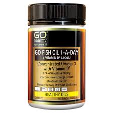 GO FISH OIL 1-A-DAY + VITAMIN D3 1,000IU is a premium high potency Fish Oil sourced from deep sea wild fish. Each SoftGel Capsule contains a concentrated 1-A-Day dose of Omega 3 containing EPA 450mg and DHA 300mg. Our Fish Oil is molecularly distilled and mercury tested to ensure purity and quality.