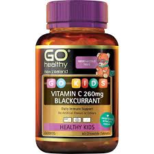 GO KIDS VITAMIN C 260mg BLACKCURRANT is a great tasting berry-licious chewable Vitamin C, that kids will love! Vitamin C is essential for boosting the health of the immune system and reducing the severity and duration of winter ills and chills. Vitamin C is a powerful antioxidant, and is considered an essential daily requirement for good health.  