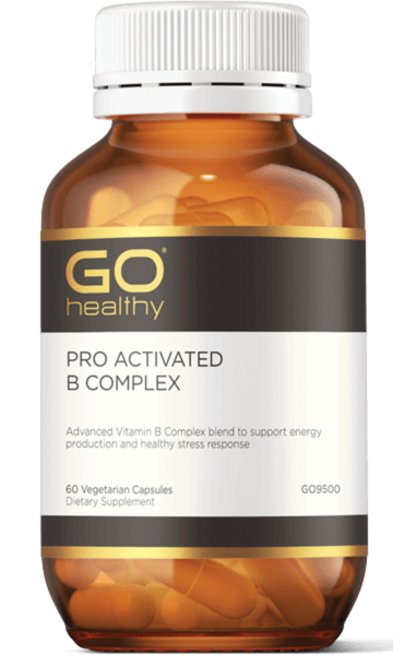 GO PRO Activated B Complex 60 VegeCaps PRO ACTIVATED B COMPLEX Advanced Vitamin B Complex blend to support energy production and healthy stress response.  HEALTH BENEFITS:  A comprehensive Vitamin B complex formula Includes activated Vitamins B6, B12, and Folic Acid for superior absorption B Vitamins support energy production and healthy stress response in the body Vitamin B6 supports healthy emotional balance.