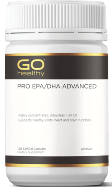 GO PRO EPA/DHA Advanced 120 SoftGels PRO EPA/DHA ADVANCED Highly concentrated, odourless Fish Oil. Supports healthy joints, heart and brain function  HEALTH BENEFITS:  Highly concentrated strength of the omega-3 fatty acids, EPA and DHA Provides three times the amount of omega-3 per capsule than standard strength Fish Oil 1,000mg Essential for heart health and healthy cardiovascular system function Supports healthy mood, brain function and eye health