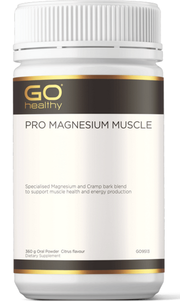 GO PRO Magnesium Muscle 360g Powder Citrus PRO MAGNESIUM MUSCLE Specialised Magnesium and Cramp bark blend to support muscle health and energy production.  HEALTH BENEFITS:  Specially formulated with a combination of Magnesium, Cramp bark and essential nutrients 280mg elemental Magnesium supplied in easy to take powder format Magnesium supports energy production, body electrolyte balance and healthy muscle contraction function Magnesium also supports healthy cardiovascular system function