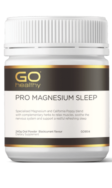 GO PRO Magnesium Sleep 240g Powder Blackcurrant PRO MAGNESIUM SLEEP Specialised Magnesium and California Poppy blend with complementary herbs to relax muscles, soothe the nervous system and support a restful refreshing sleep.  HEALTH BENEFITS:  Specially formulated with a combination of Magnesium, California Poppy, Passionflower, Chamomile and Tart Cherry A specialised blend to calm, relax, ease tension and support a restful refreshing sleep 350mg elemental Magnesium supplied in easy to take powder format 