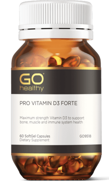 GO PRO Vitamin D3 Forte 60 SoftGels PRO VITAMIN D3 FORTE Maximum strength Vitamin D3 to support bone, muscle and immune system health.  HEALTH BENEFITS:  Contains 1,000IU of Vitamin D3 per capsule to support Vitamin D levels in the body Essential for bone health, supports bone strength and bone development Supports immune system and muscle health Supplied in the convenience of a 1-A-Day dose Compact size capsule