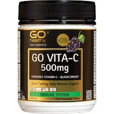 GO VITA-C 500mg is a great tasting chewable Vitamin C formula. This New Zealand blackcurrant flavoured tablet is a low acid Vitamin C formula which gives the added benefit of being tooth friendly and gentle on the digestive system. Vitamin C is essential for boosting the health of the immune system and reducing the severity and duration of winter ills and chills. In addition Vitamin C is a powerful antioxidant, and is considered an essential daily requirement for good health.