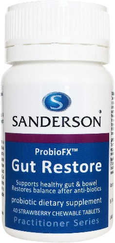 SANDERSON Gut Restore 40 Chewable Tablets Probiotics are ‘good’ bacteria, living organisms, that scientific trials indicate confer a health benefit on the body by improving intestinal microbial balance and so inhibiting pathogens or toxin producing bacteria. Probiotics are found in some foods like yoghurt or fermented milk, and in dietary supplements generally as tablets, powders or capsules. 