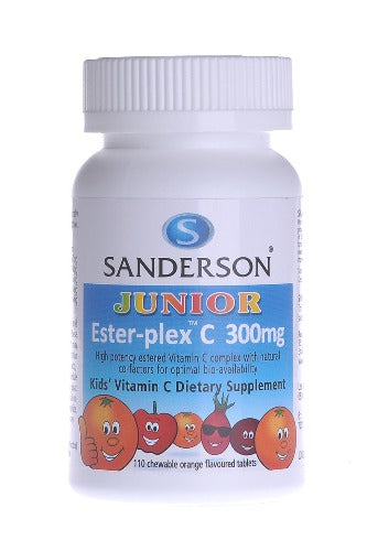 SANDERSON Junior Ester-plex® C 110 Chewable Tablets A delicious orange chewable vitamin C flavoured with real orange, especially for children. Our Junior Ester-plex™ uses maltodextrin, sucrose, stevioside and sorbitol for natural sweetening.